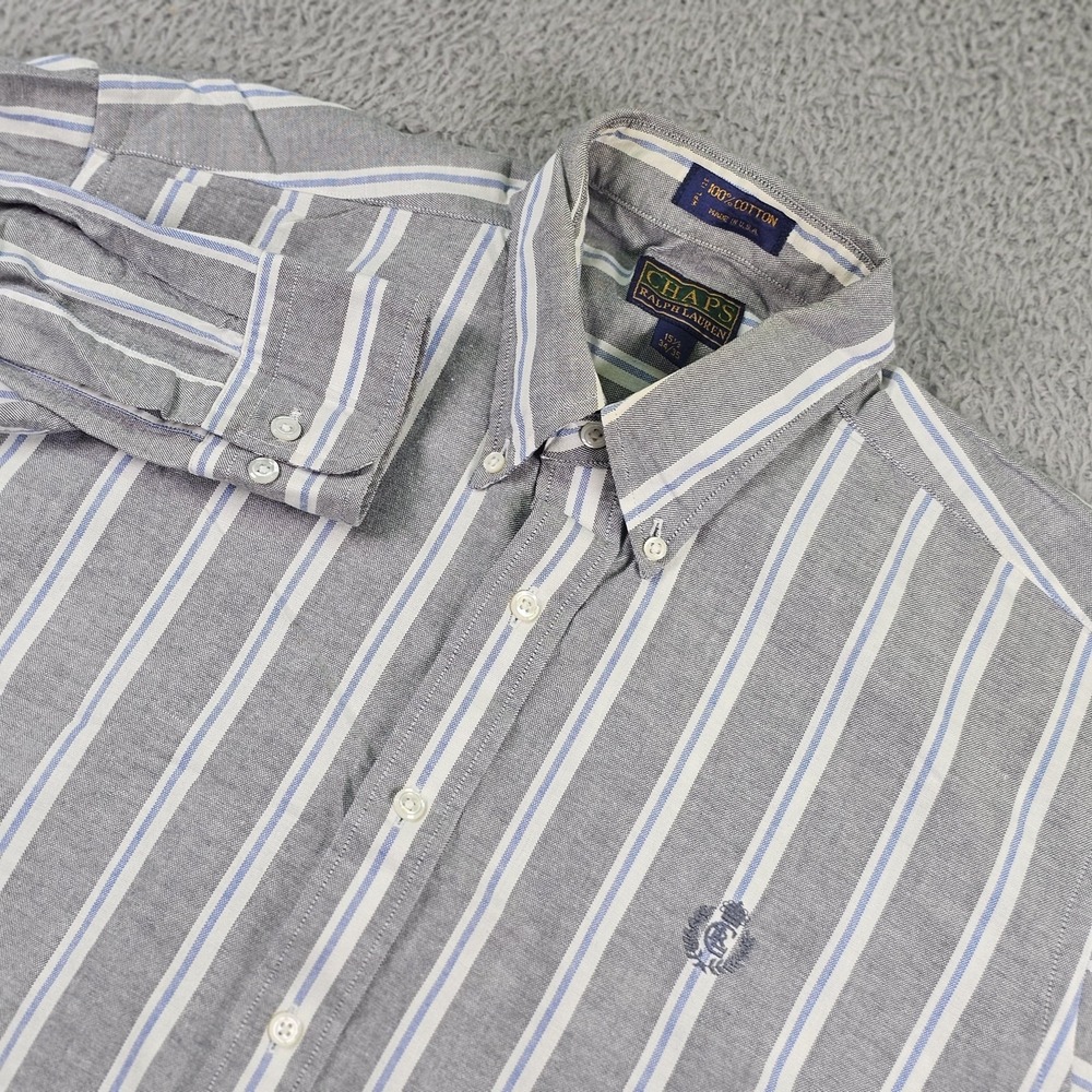 Chaps Ralph Lauren Shirt Mens 15.5 34/35 Gray Blue Striped Button Down Made USA